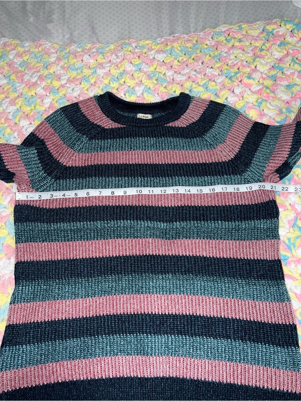 L.L. Bean Womens L Pullover Crewneck Sweater Pink Navy Teal Striped Cotton Knit - Picture 5 of 7